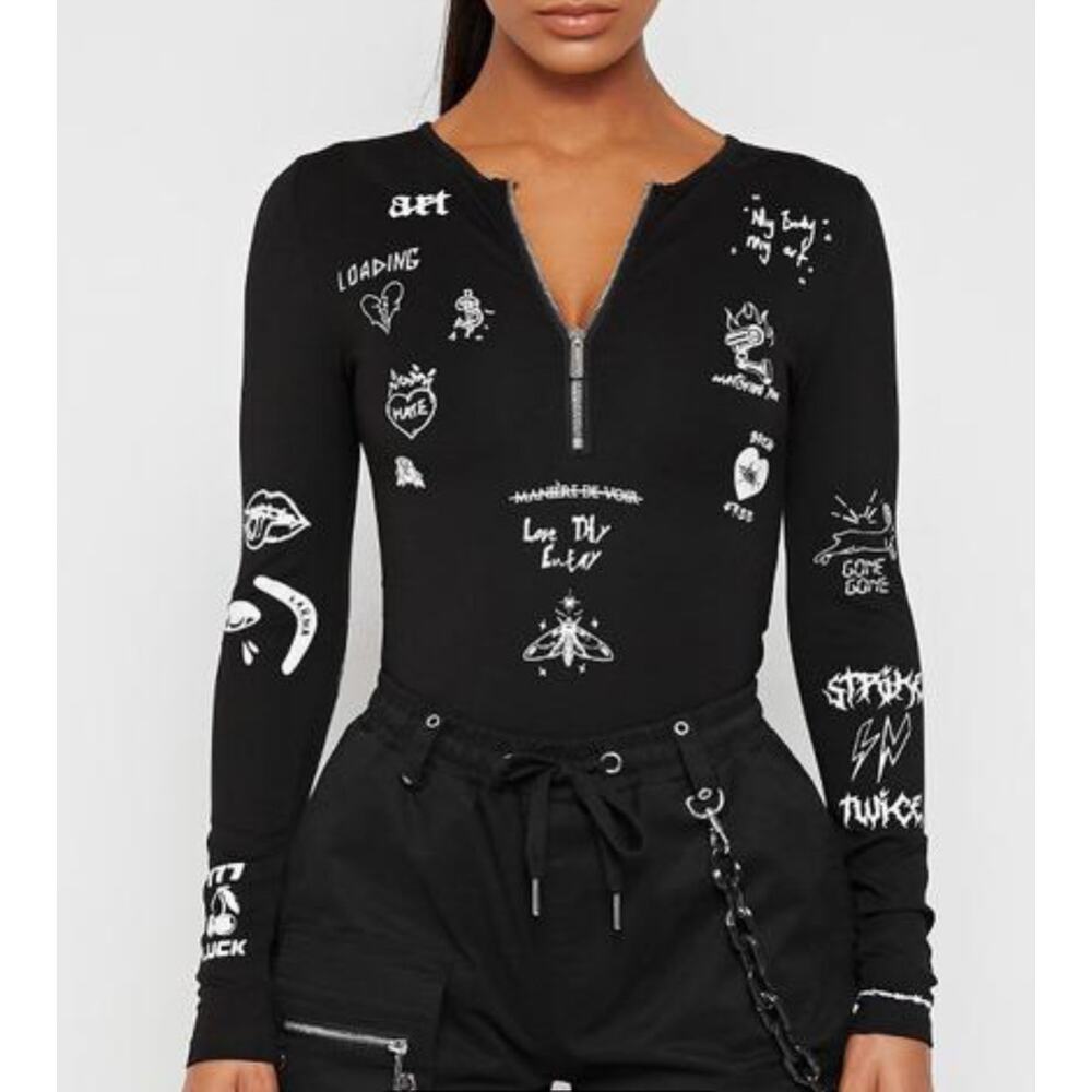 MANIERE DE VOIR Black Graffiti Bodysuit